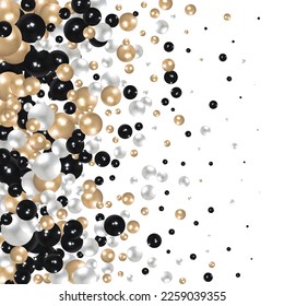 Background with render 3d golden, black and white balls. Round Sphere of geometric objects, pearl made of metal and plastic. Template with social media story, social networks. vector illustration