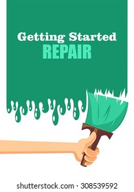 Background repair. Retro poster in flat design style. hand with brush paints the wall. 