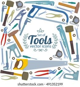 Background of repair tools icons with round frame. Template for packaging, cards, posters, menu. Vector illustration.