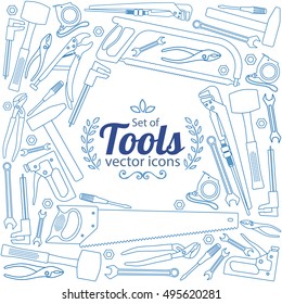 Background of repair tools icons with round frame. Template for packaging, cards, posters. Vector stock illustration.