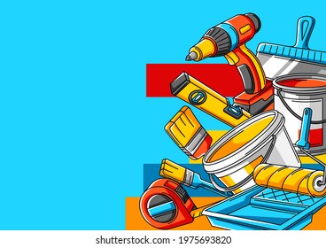 Background with repair working tools. Equipment for construction industry.