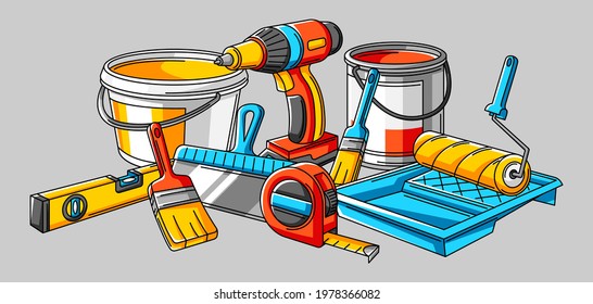 Background with repair working tools. Equipment for construction industry.