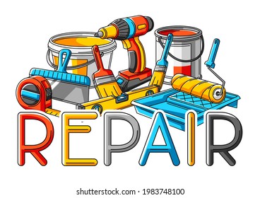 Background with repair working tools. Equipment for construction industry.