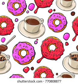 Background repeat pattern with many donuts, cup of coffee and cup of chocolate with spoon, vector illustration isolated on white background