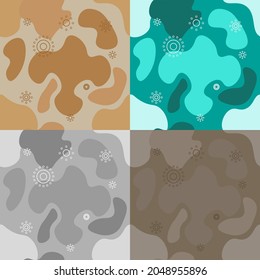 A background of repeating monochrome spots and small circles in aquamarine, gray, beige and brown tones. Suitable for any backdrop design.