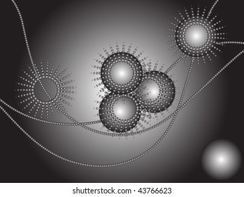 The background is representing the black-and-white abstraction. It is consisting of some metallic spheres big and small.