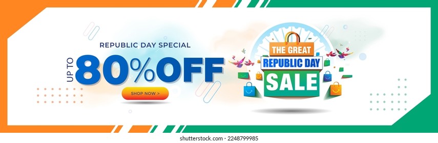 Background of Republic Day of India. Website Sale banner template design. Tricolor color 3D shopping bag and Special offers text. Deals, Discount logo.