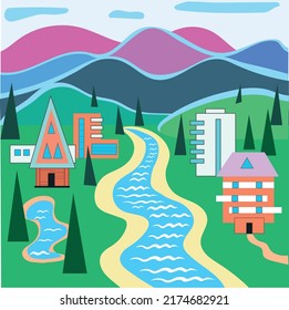 Background resort city in the mountains. Vector art illustration