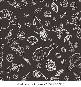 Background for restaurants and cafes specializing in sea food. Seafood and vegetable and seasoning pattern