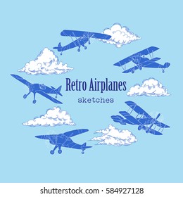 Background with Retro Airplanes and Clouds. Hand drawn sky vector illustration