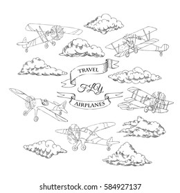 Background with Retro Airplanes and Clouds. Hand drawn sky vector illustration