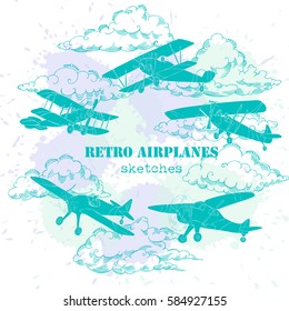 Background with Retro Airplanes and Clouds. Hand drawn sky vector illustration