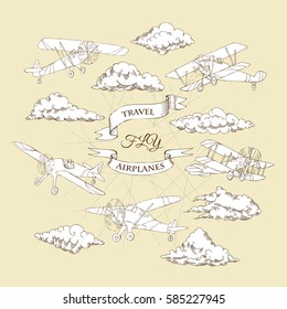 Background with Retro Airplanes and Clouds. Hand drawn sky vector illustration