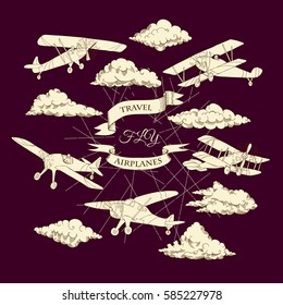 Background with Retro Airplanes and Clouds. Hand drawn sky vector illustration