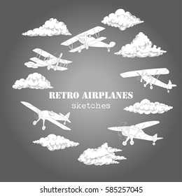 Background with Retro Airplanes and Clouds. Hand drawn sky vector illustration
