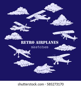 Background with Retro Airplanes and Clouds. Hand drawn sky vector illustration