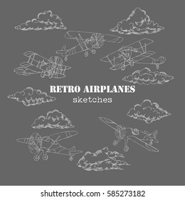 Background with Retro Airplanes and Clouds. Hand drawn sky vector illustration