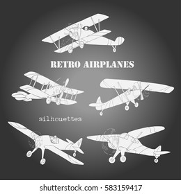 Background with Retro Airplanes. Hand drawn vintage planes sketches. Vector illustration