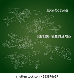 Background with Retro Airplanes. Hand drawn vintage planes sketches. Vector illustration