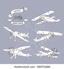 Background with Retro Airplanes. Hand drawn vintage planes sketches. Vector illustration