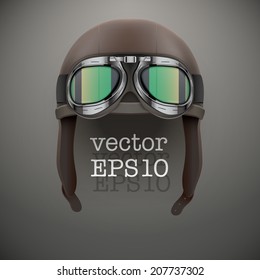 Background of Retro aviator pilot leather helmet with goggles. Vintage object. Vector Illustration. Isolated on white.