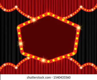 Background with retro banner on black and red curtain. Design for presentation, concert, show. Vector illustration