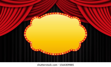 Background with retro banner on black and red curtain. Design for presentation, concert, show. Vector illustration