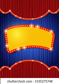 Background with retro banner on blue and red curtain. Design for presentation, concert, show. Vector illustration