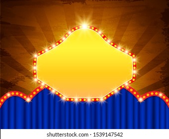 Background with retro banner on blue circus curtain. Design for presentation, concert, show. Vector illustration