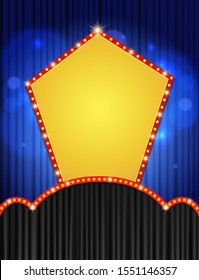 Background with retro banner on blue curtain. Design for presentation, concert, show. Vector illustration