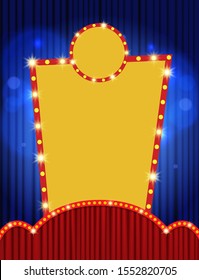 Background with retro banner on blue curtain. Design for presentation, concert, show. Vector illustration
