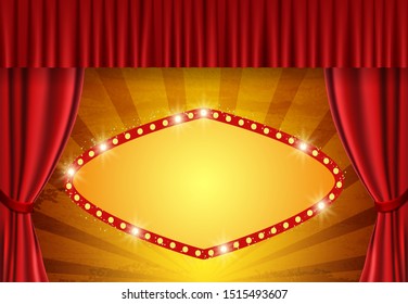 Background with retro banner on circus vintage curtain. Design for presentation, concert, show