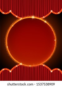 Background with retro banner on red curtain. Design for presentation, concert, show. Vector illustration