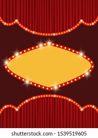 Background with retro banner on red curtain. Design for presentation, concert, show. Vector illustration