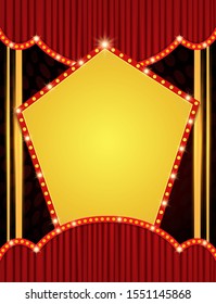 Background with retro banner on red curtain. Design for presentation, concert, show. Vector illustration