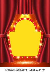 Background with retro banner on red curtain and spotlights. Design for presentation, concert, show. Vector illustration
