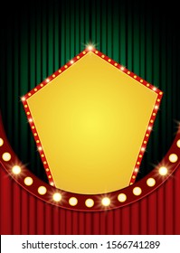 Background with retro banner on red and green curtain. Design for presentation, concert, show. Vector illustration