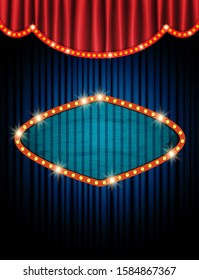Background with retro banner on red blue curtain. Design for presentation, concert, show. Vector illustration