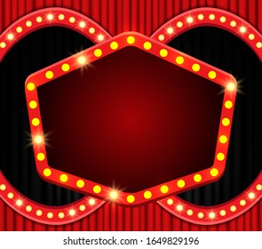 Background with retro banner on red curtain and spotlights. Design for presentation, concert, show. Vector illustration