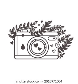 Background with retro camera. Vector illustration. Photo camera with flowers and leaves. Camera outline.