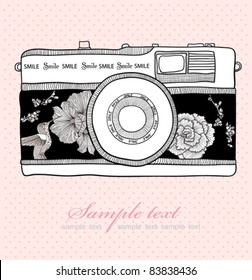Background and retro camera  Vector illustration  Photo camera and flowers   birds   Camera and floral pattern 