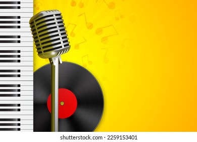 Fondo con micrófono retro en el escenario con vinilo. Volante de música clásica. Vector EPS10