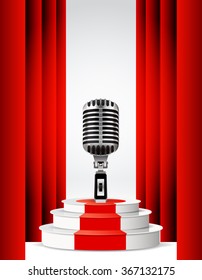 Background with retro microphone and podium. Stand up night show or karaoke party.