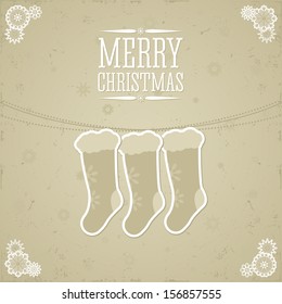 Background in retro style with christmas socks and place for text. Imitation paper. Soft colors.