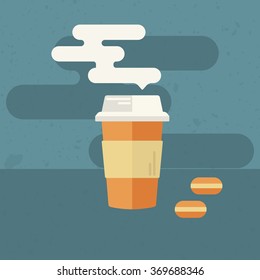 Background in retro style with coffee cup and macaroons. Concept for takeaway or coffee to go shop. Vector illustration.