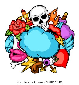 Background with retro tattoo symbols. Cartoon old school illustration.