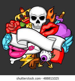 Background with retro tattoo symbols. Cartoon old school illustration.