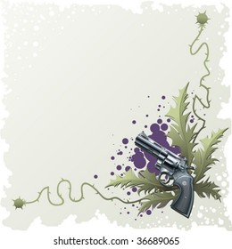 Background with revolver and floral elements.