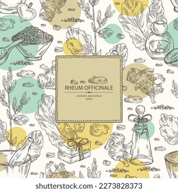 Background with rheum officinale: rheum officinale plant, leaves and rheum officinale roots. Chinese rhubarb. Oil, soap and bath salt . Cosmetics and medical plant. Vector hand drawn