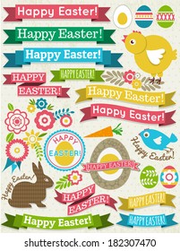 background with ribbon, easter eggs, rabbit and flower, vector